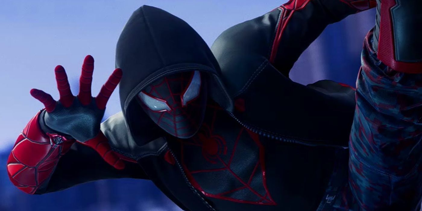 Miles wall-climbing in his End suit in Spider-Man: Miles Morales for the PlayStation