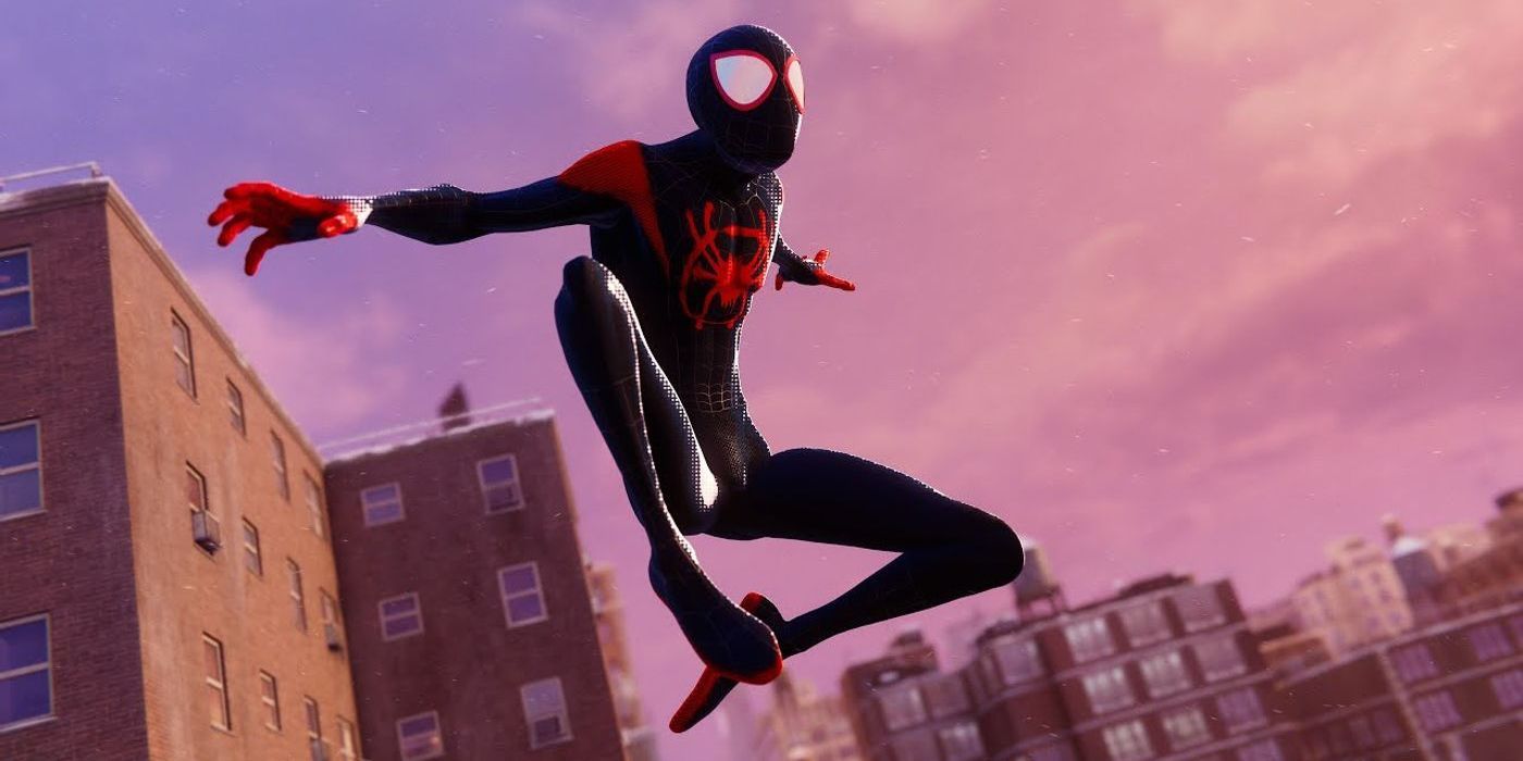 Miles leaping into the air in his Spider-Verse suit in Spider-Man: Miles Morales for the PlayStation