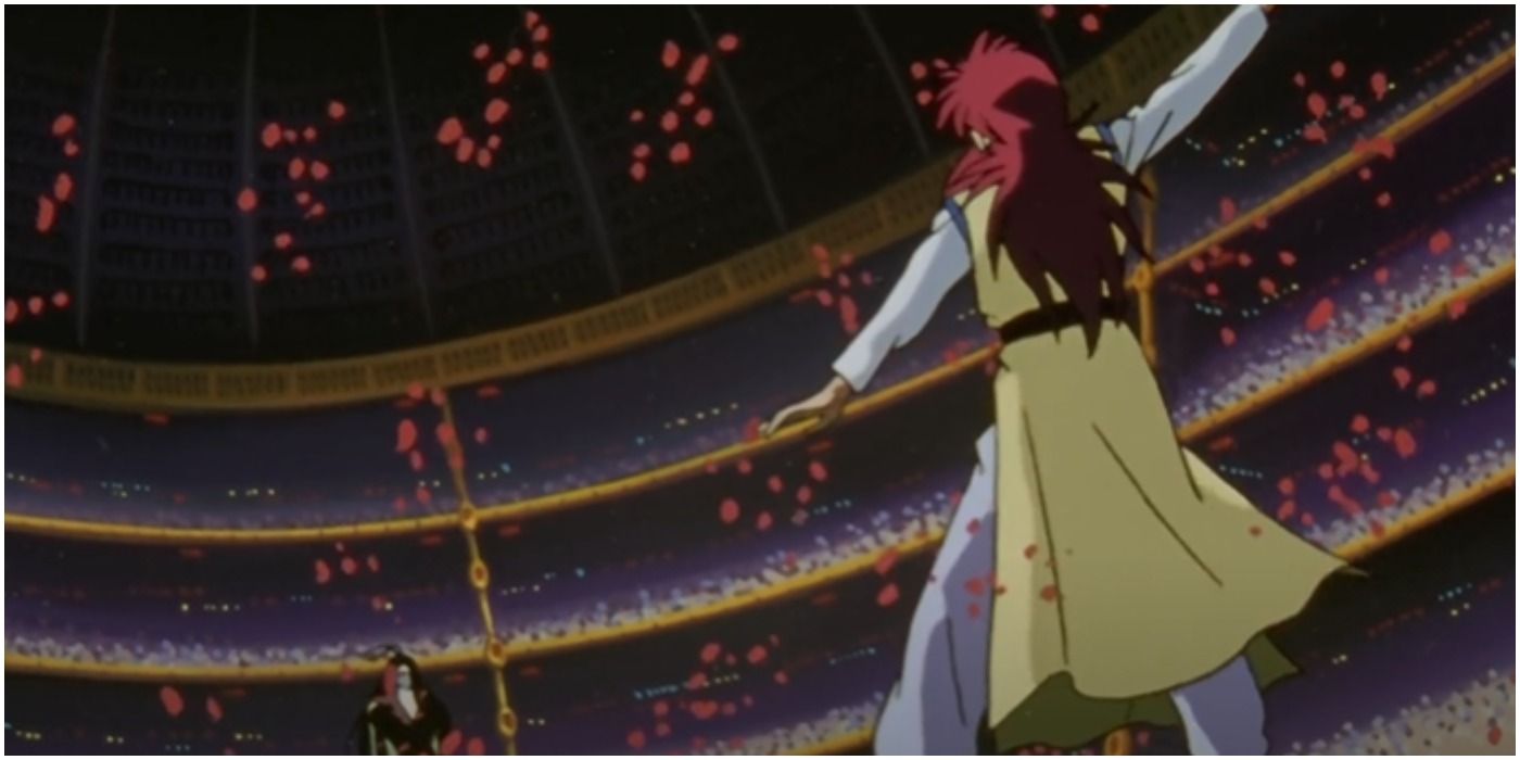 Rose petals swirling around Kurama as Karasu advances