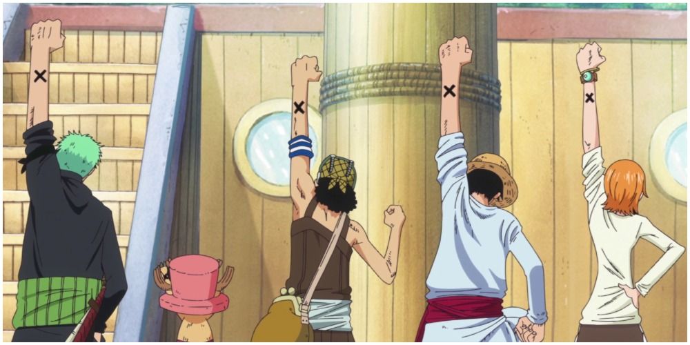 Straw Hat Pirates with their hands in the air