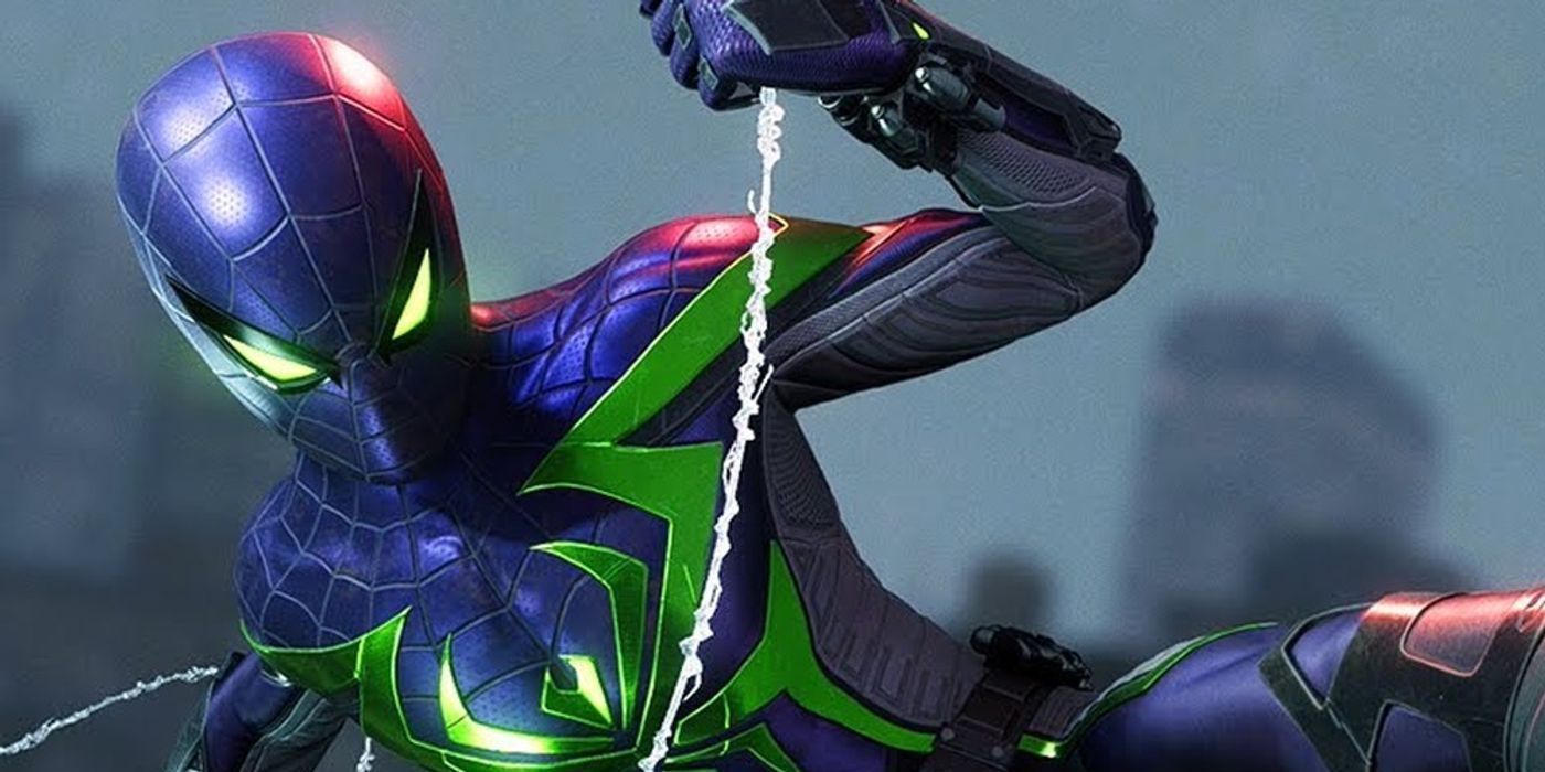 MIles swinging from a web in his Purple Reign suit in Spider-Man: Miles Morales for the PlayStation