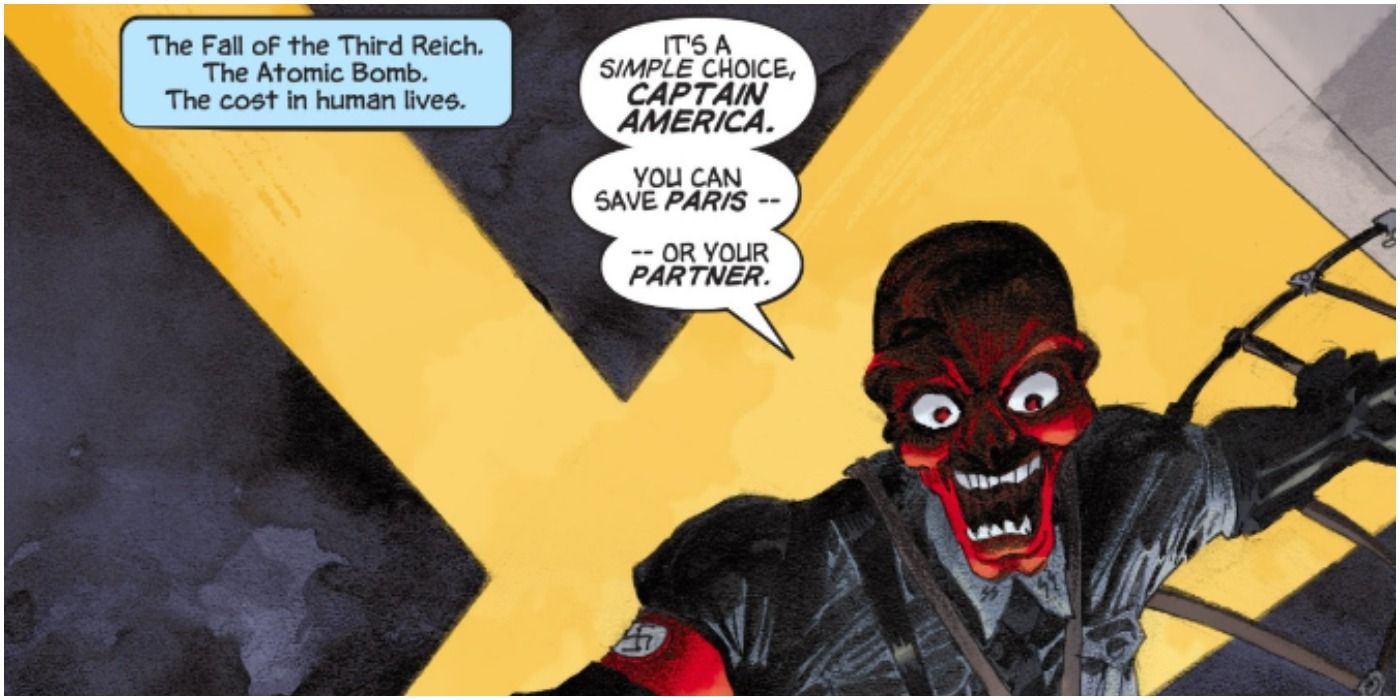 Red Skull taunts Captain America in a panel from Captain America White.