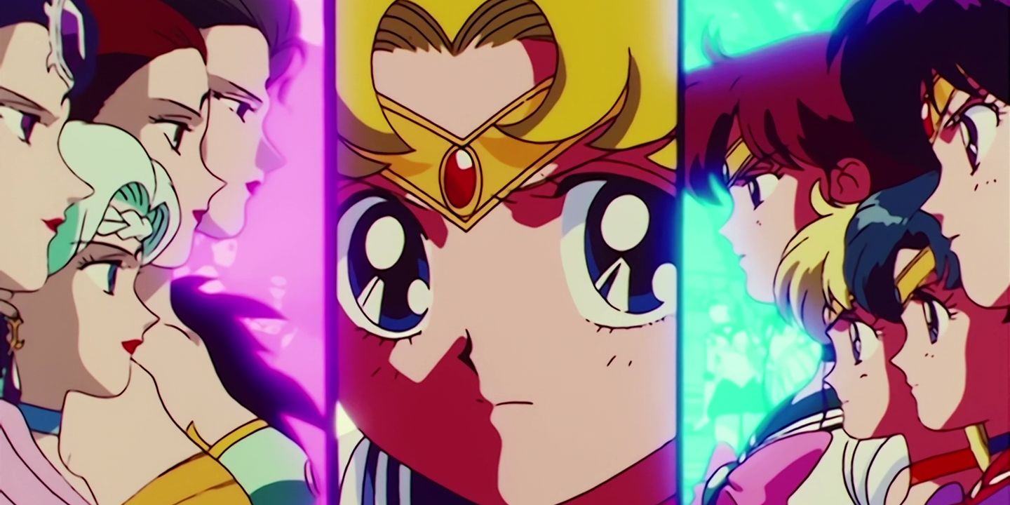 Sailor Moon and the Inner Guardians facing the Spectre Sisters.