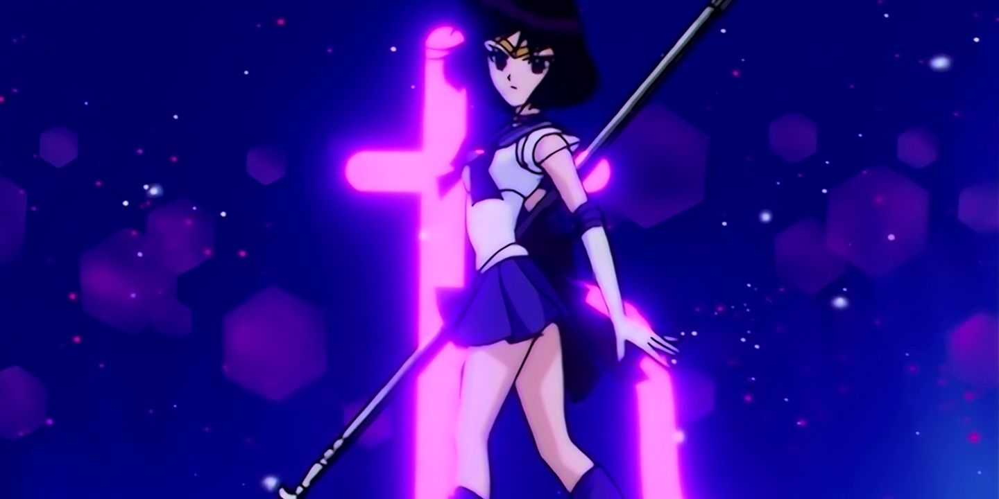 Sailor Saturn poses in front of a blue background in Sailor Moon.