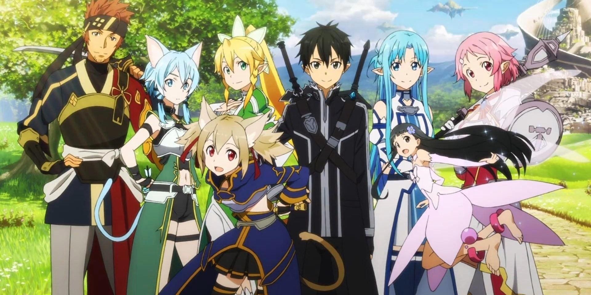 Kirito with Asuna, Lisbeth, Sinon, and Klein in Sword Art Online.