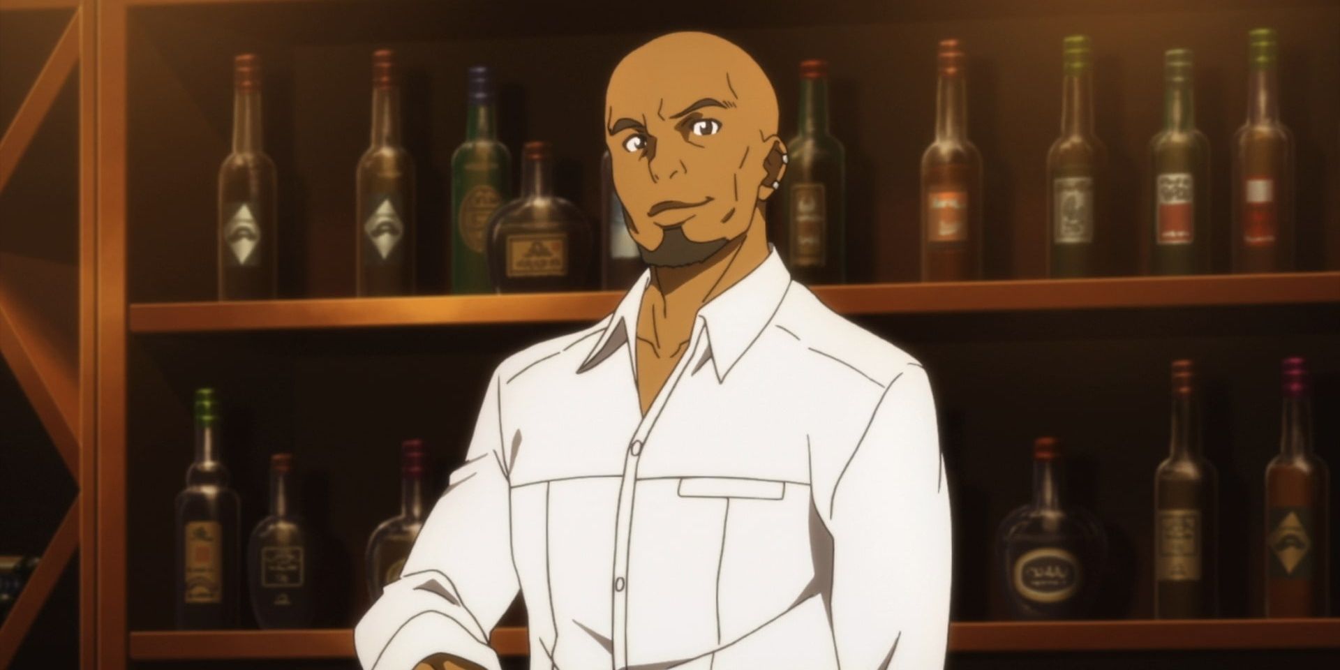 Andrew Gilbert Mills (Agil) from Sword Art Online standing in front of a wall of bottles