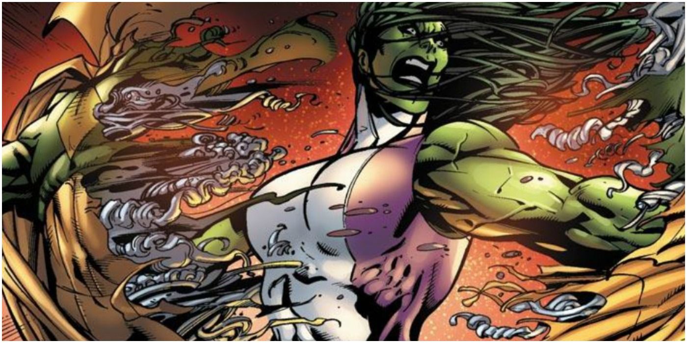 Panel featuring She-Hulk on the rampage from the Avengers Disassembled comic arc