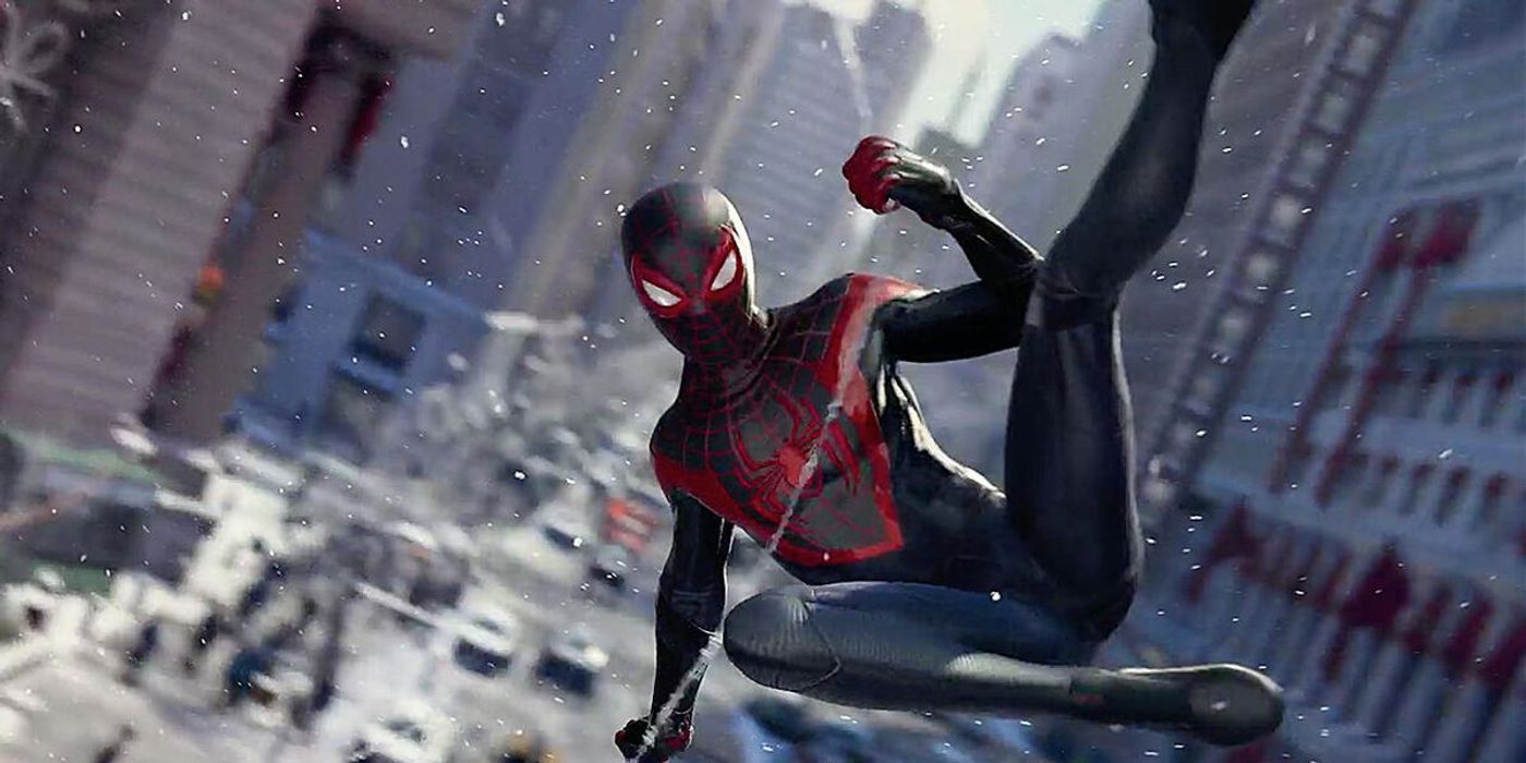 MIles Morales swinging through the air in his classic black suit in Spider-Man: Miles Morales for the PlayStation