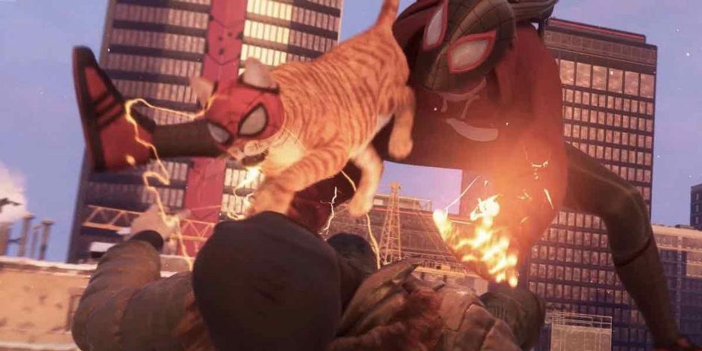 Miles and the cat Spider-Man attacking a bad guy in Spider-Man: Miles Morales