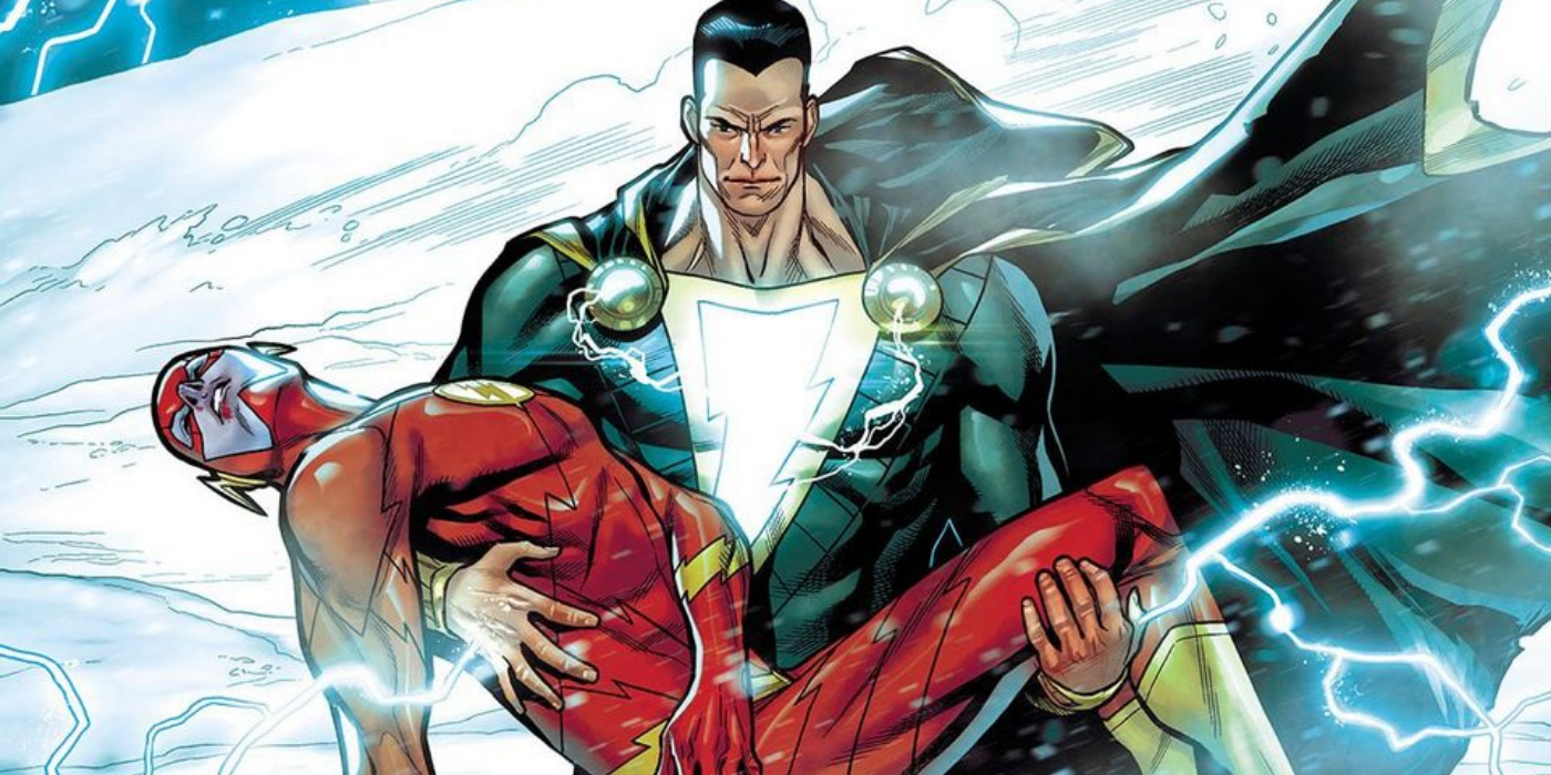 Black Adam holds the Flash's body