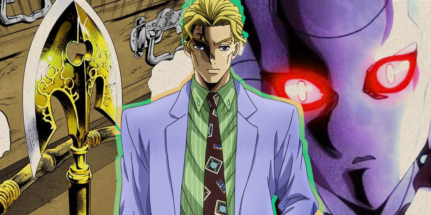 Yoshikage Kira in front of a weapon and a scary face in JoJo's Bizarre Adventure.