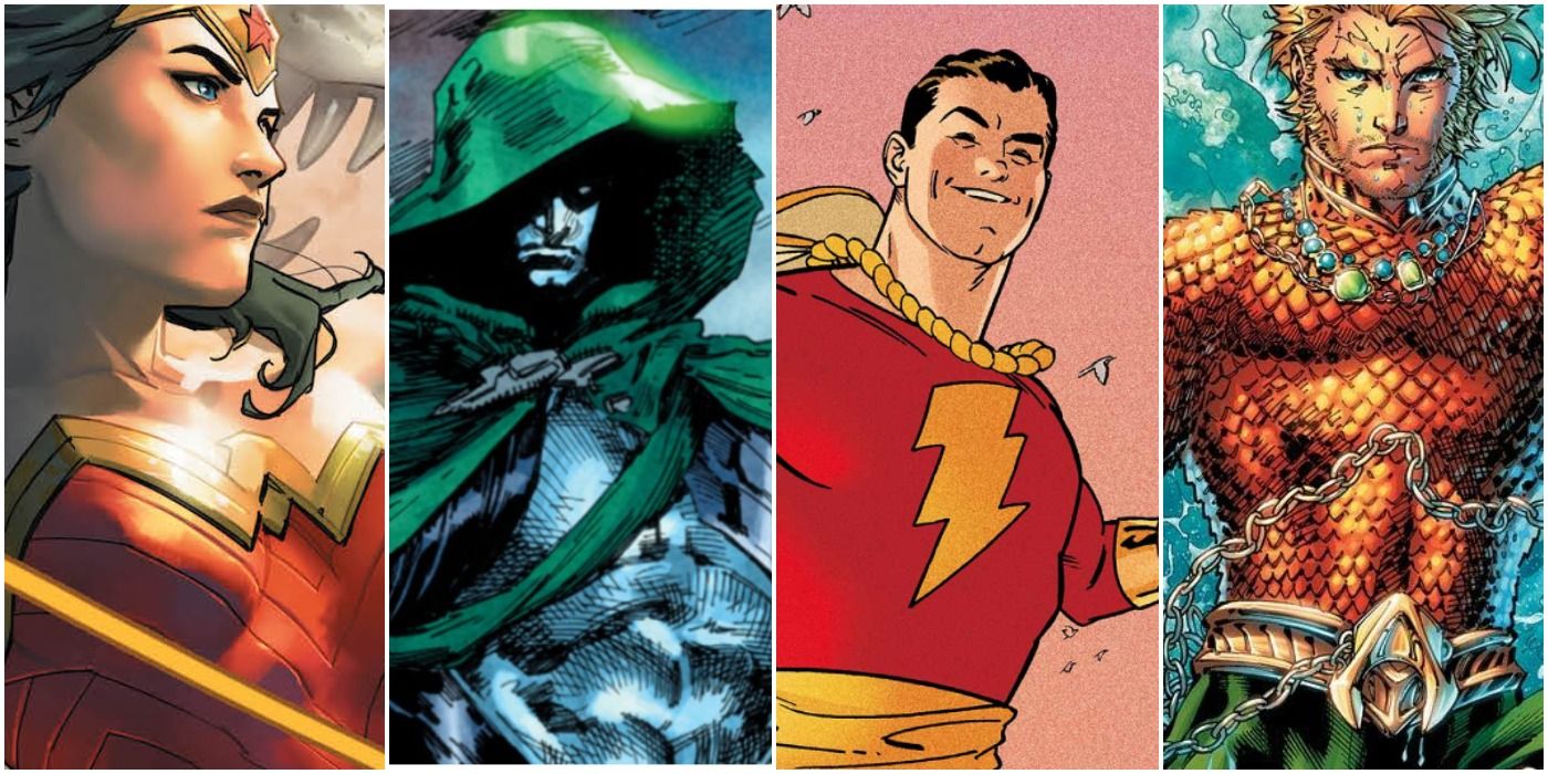 a photo collage of wonder woman, the spectre, shazam, and aquaman