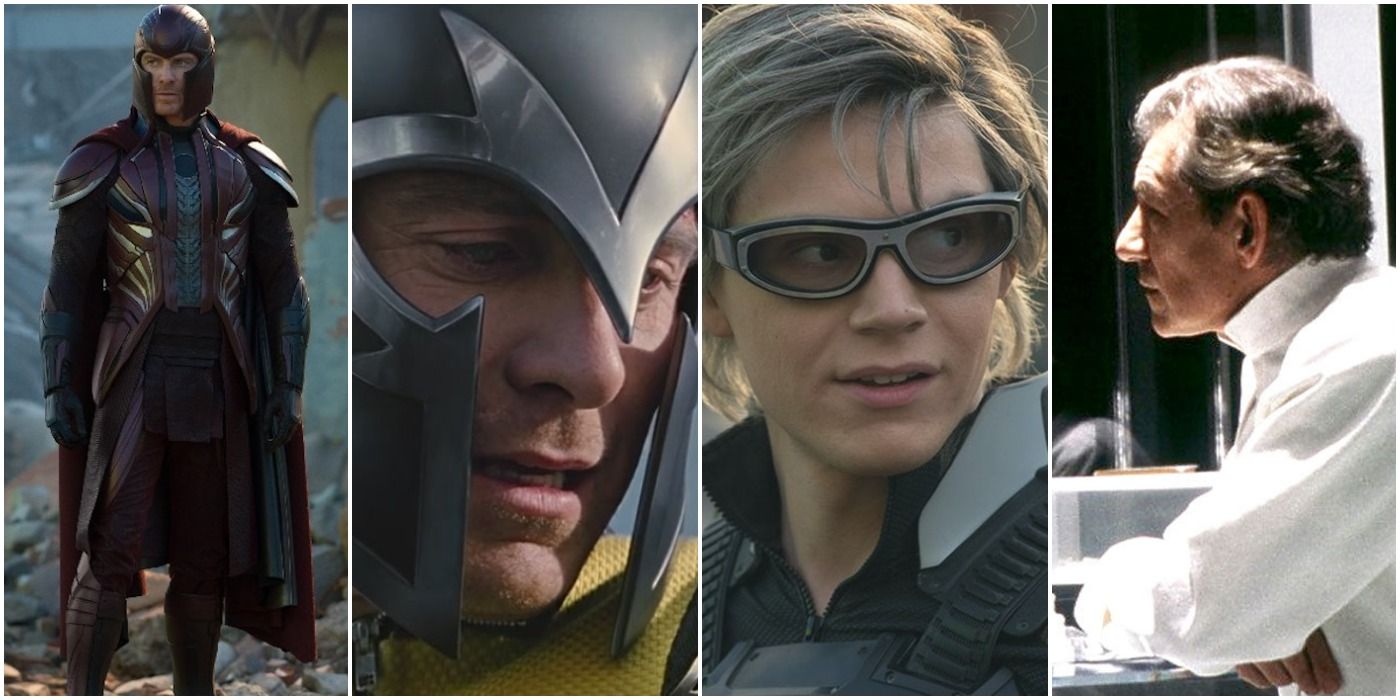 a collage of four images: magneto, a close-up of magneto, quicksilver, and an older magneto
