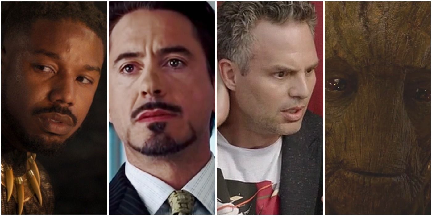 a collage of four images: killmonger, tony stark, bruce banner, and groot