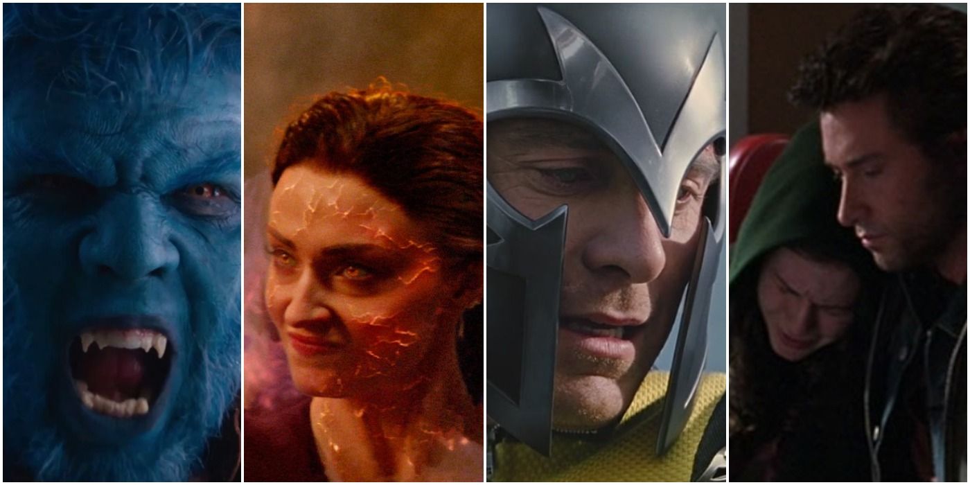 collage of four images: the beast, the dark phoenix, magneto, and rogue and wolverine together