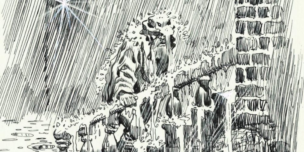 An old man walks up the stairs in pouring rain in Will Eisner's A Contract With God.