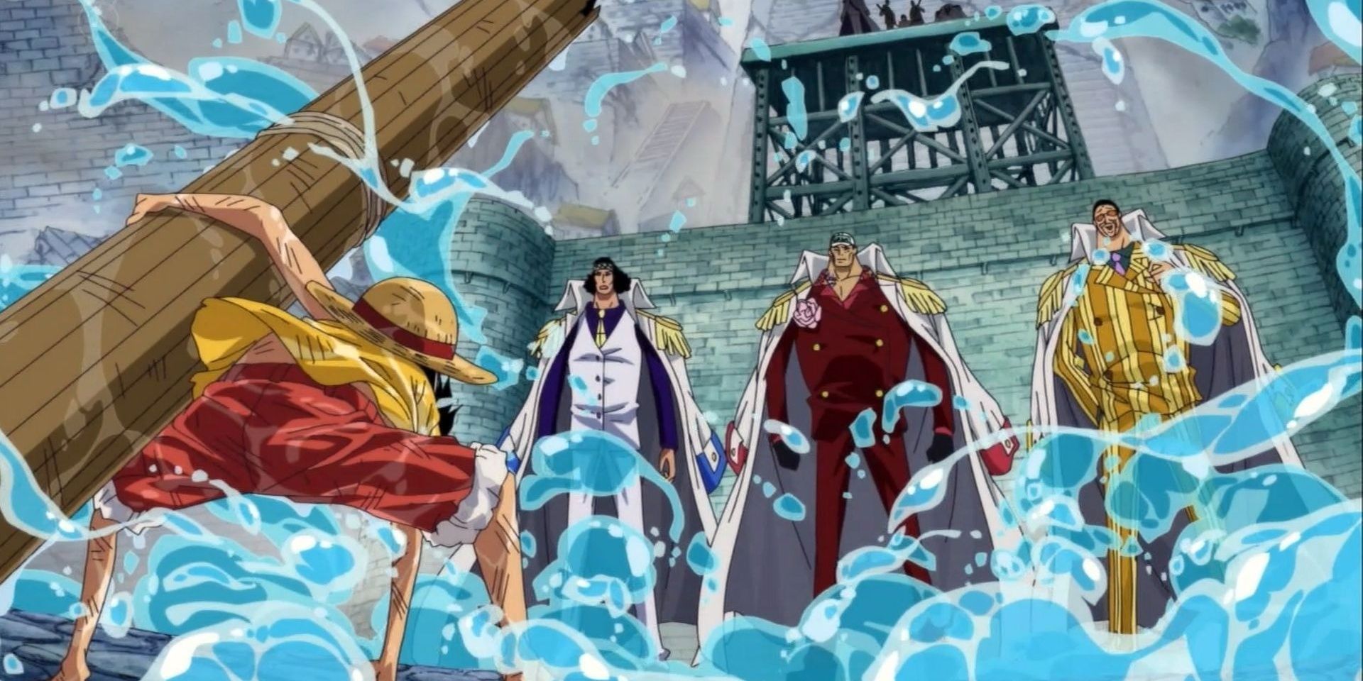 Luffy faces three admirals at Marineford in One Piece.