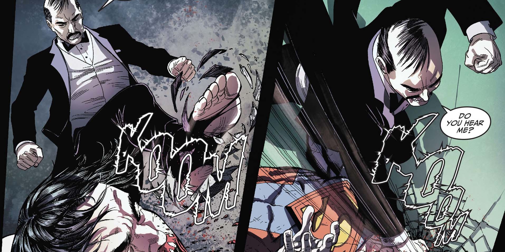 Two panels showing Alfred Pennyworth kicking and punching Suprman in Injustice