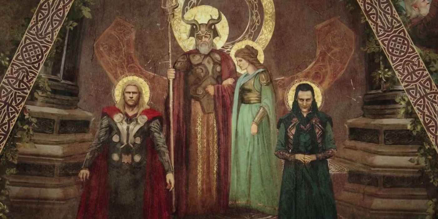 A tapestry displays the MCU Asgardian Royal Family