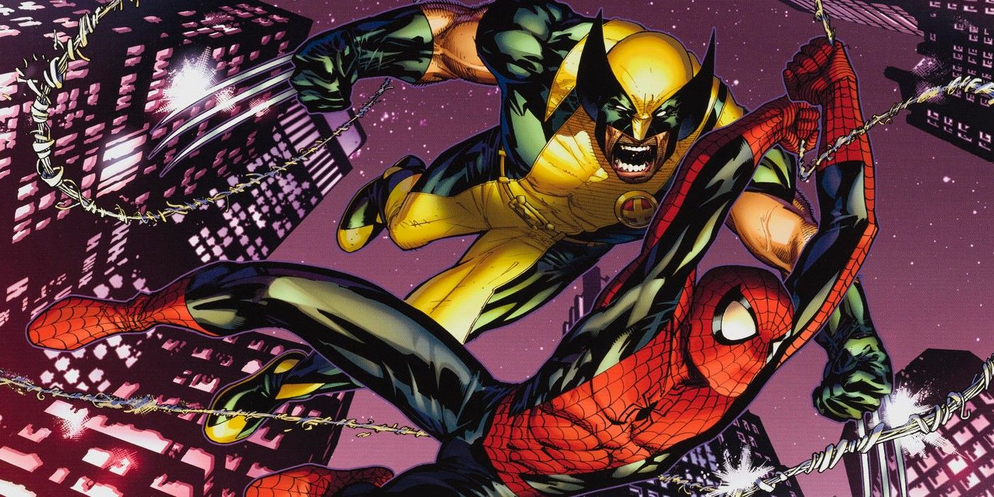 Astonishing Spider-Man & Wolverine swing through the city on a stylised Marvel comic cover