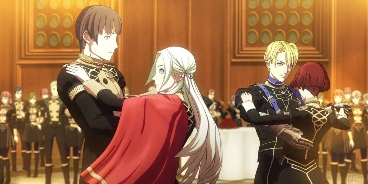 Dimitri and Edelgard dancing at a ball in Fire Emblem Three Houses