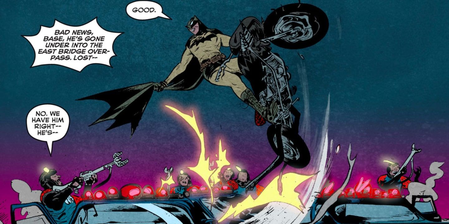 Batman evading police while on a motorcycle in Batman: Year 100