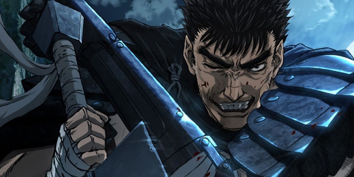 Berserk Guts staring head with a depraved expression wielding dragon slayer