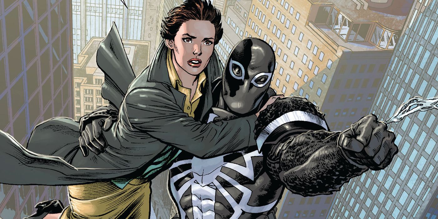 Betty Brant swinging with Agent Venom Flash Thompson in Marvel Comics