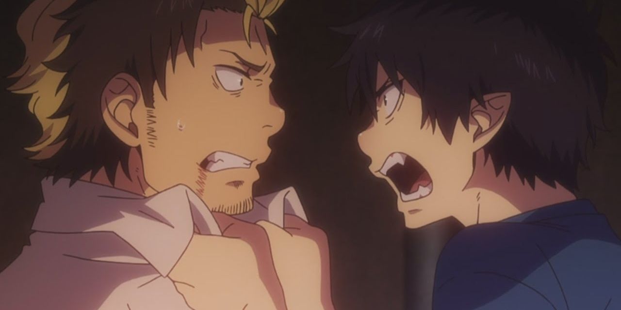 Blue Exorcist's Rin Okumura Gripping Suguro Ryūji's Shirt Collar