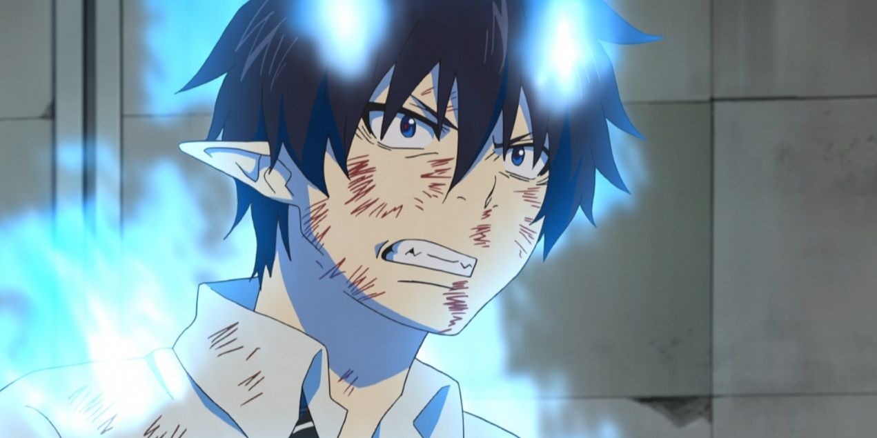 Blue Exorcist's Rin Okumura staring intensely surrounded by blue flame.