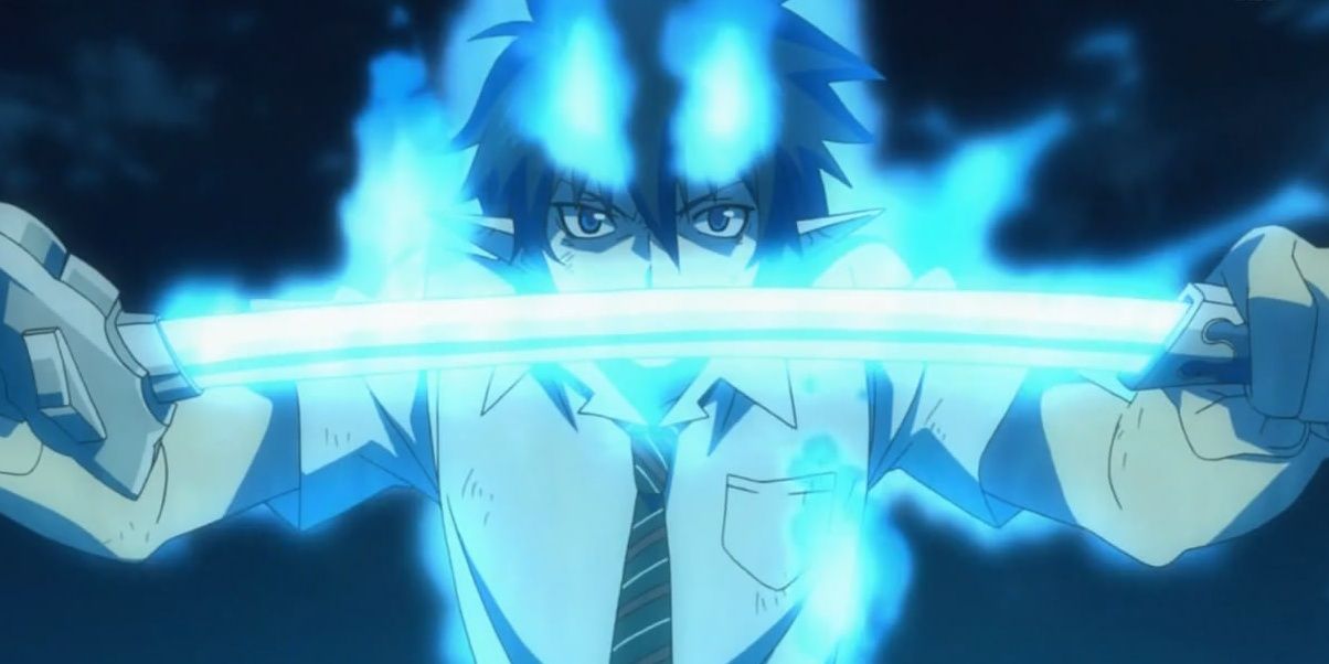 Anime Blue Exorcist's Rin Okumura Holding Sword Of Blue Flames
