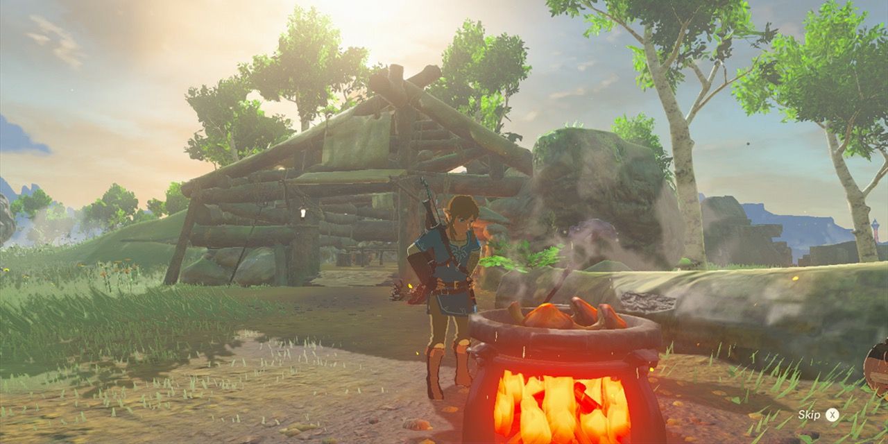 Link debruçado sobre uma panela em Breath of the Wild de Zelda