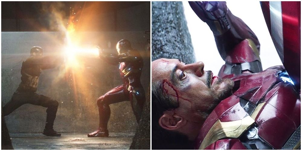 Iron Man blasting Cap's shield, Cap's shield wedged into Iron Man's armor