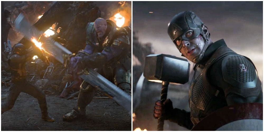 Cap fighting Thanos in Endgame, Cap lifting Thor's Hammer