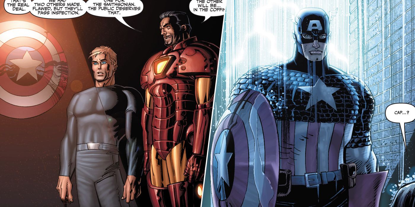 Clint Barton and iron Man with Cap's Shield and as Captain America