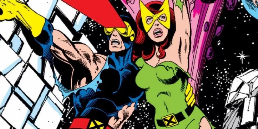 Cyclops and Jean Grey The Dark Phoenix Saga X-Men Marvel in space holding onto one another
