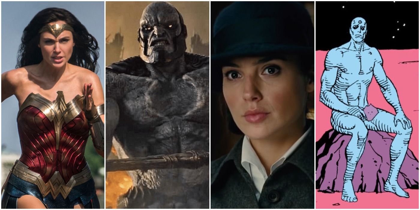 photo collage of four images: wonder woman, darkseid, diana prince, and doctor manhattan