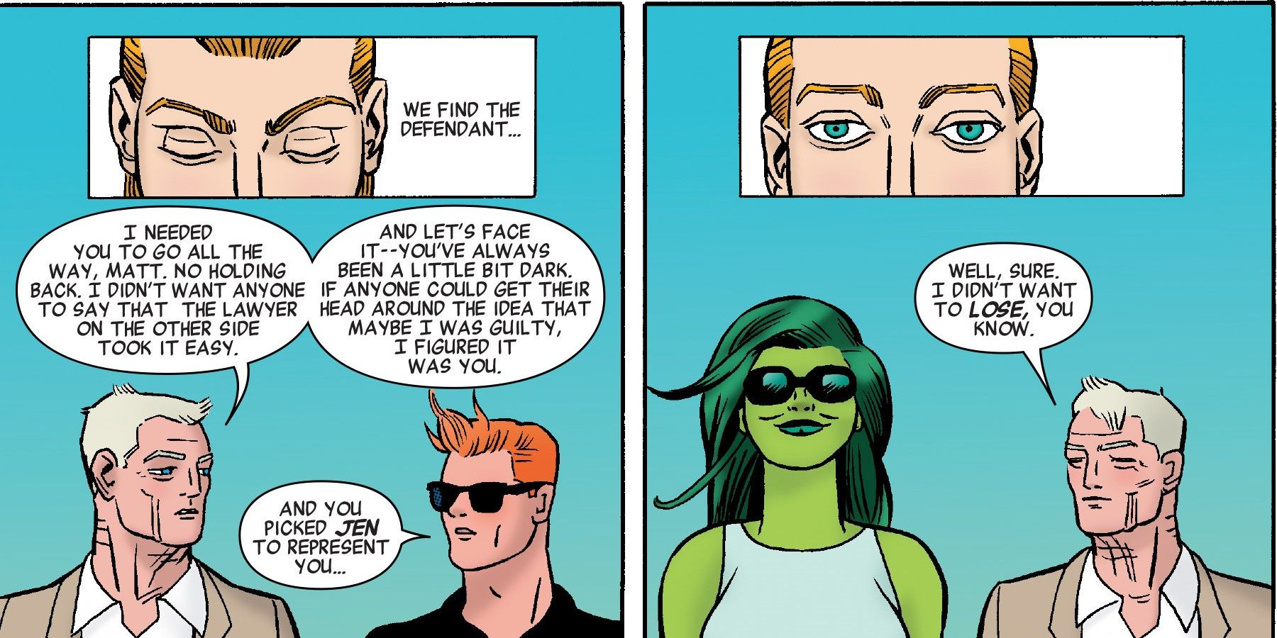 Daredevil She-Hulk Captain America walk and talk out of costume