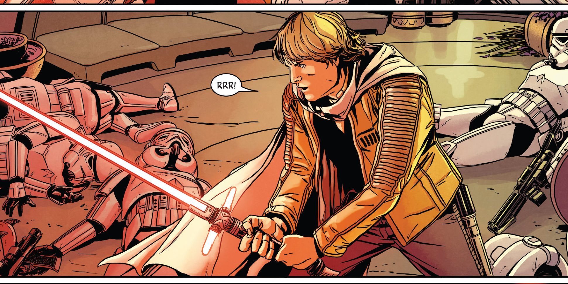 Darth Atrius holding a dual crossguard lightsaber in front of dead Stormtroopers