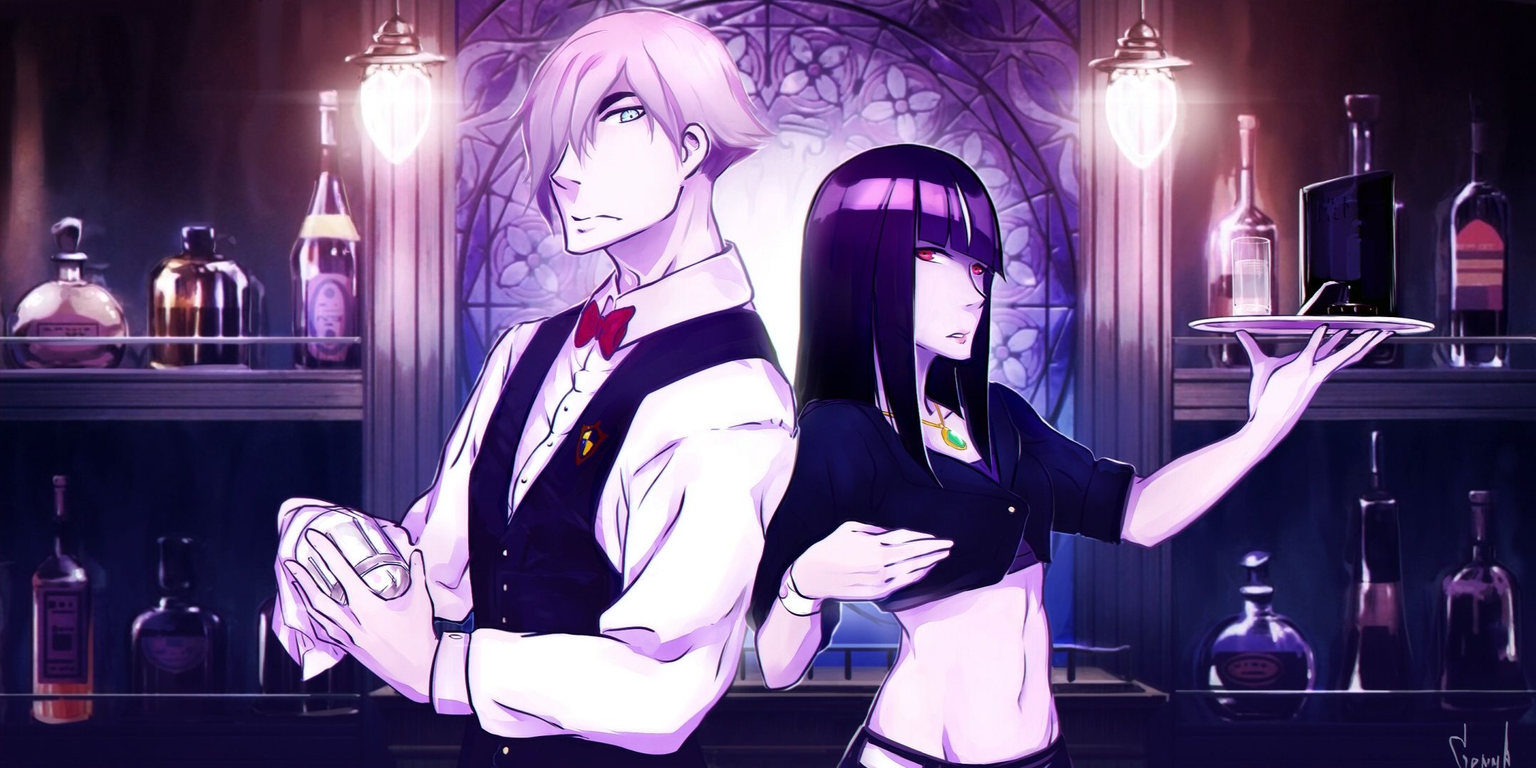 A man cleaning a glass and a woman holding a tray in a bar in Death Parade.