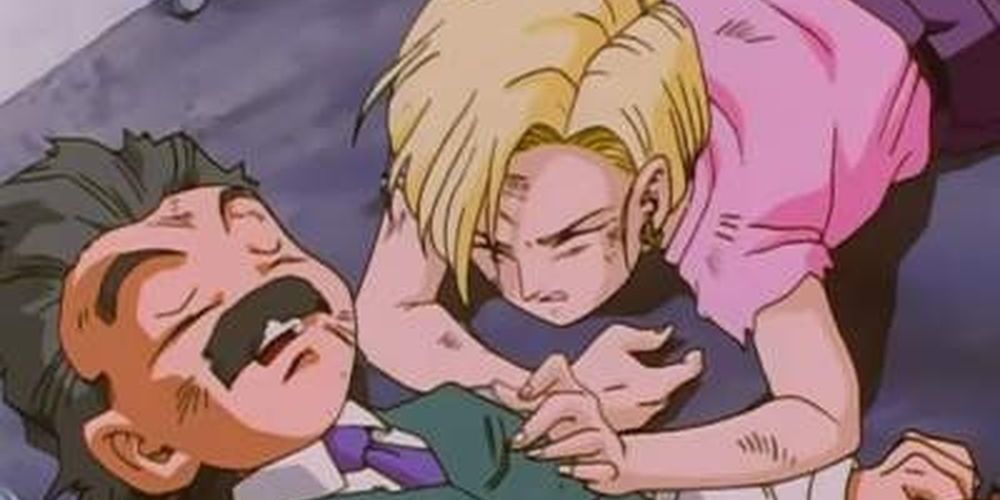 Krillin dies and Android 18 mourns in Dragon Ball GT.