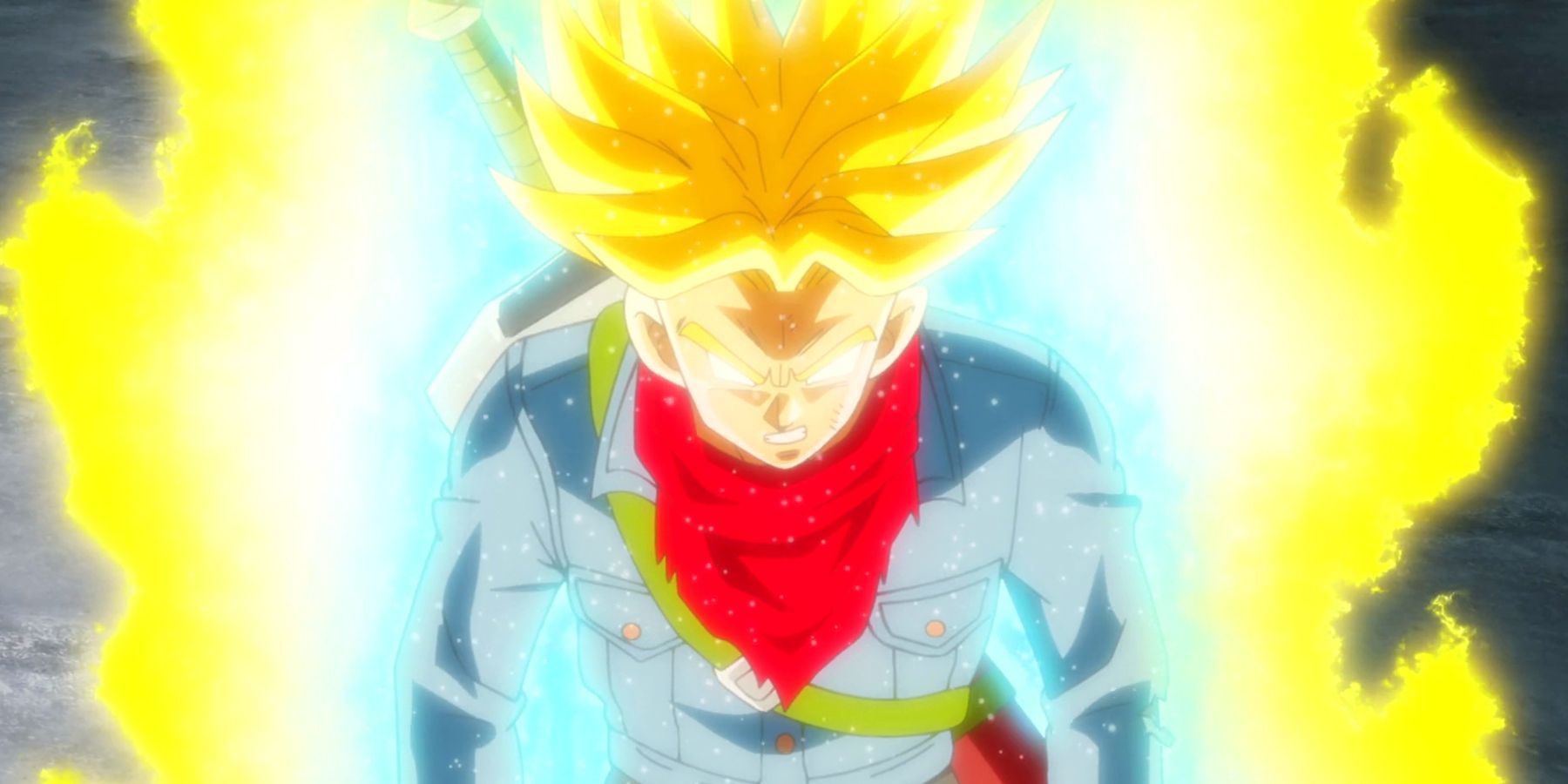 Future Trunks after achieving the Super Raiyan Rage form in Dragon Ball Super.