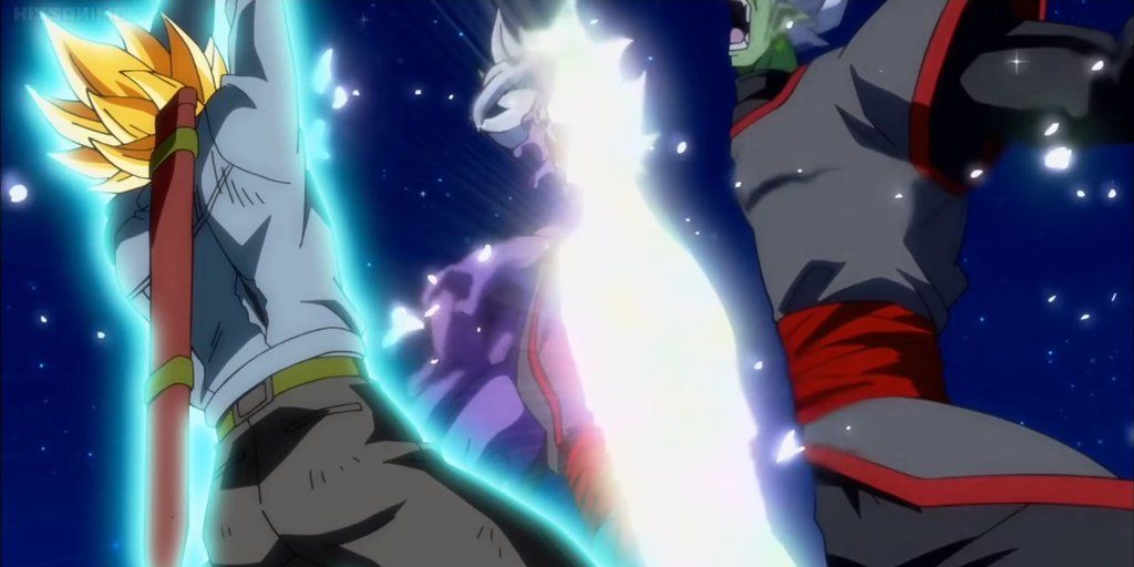 Future Trunks slices Fused Zamasu in half with his Sword of Hope in Dragon Ball Super