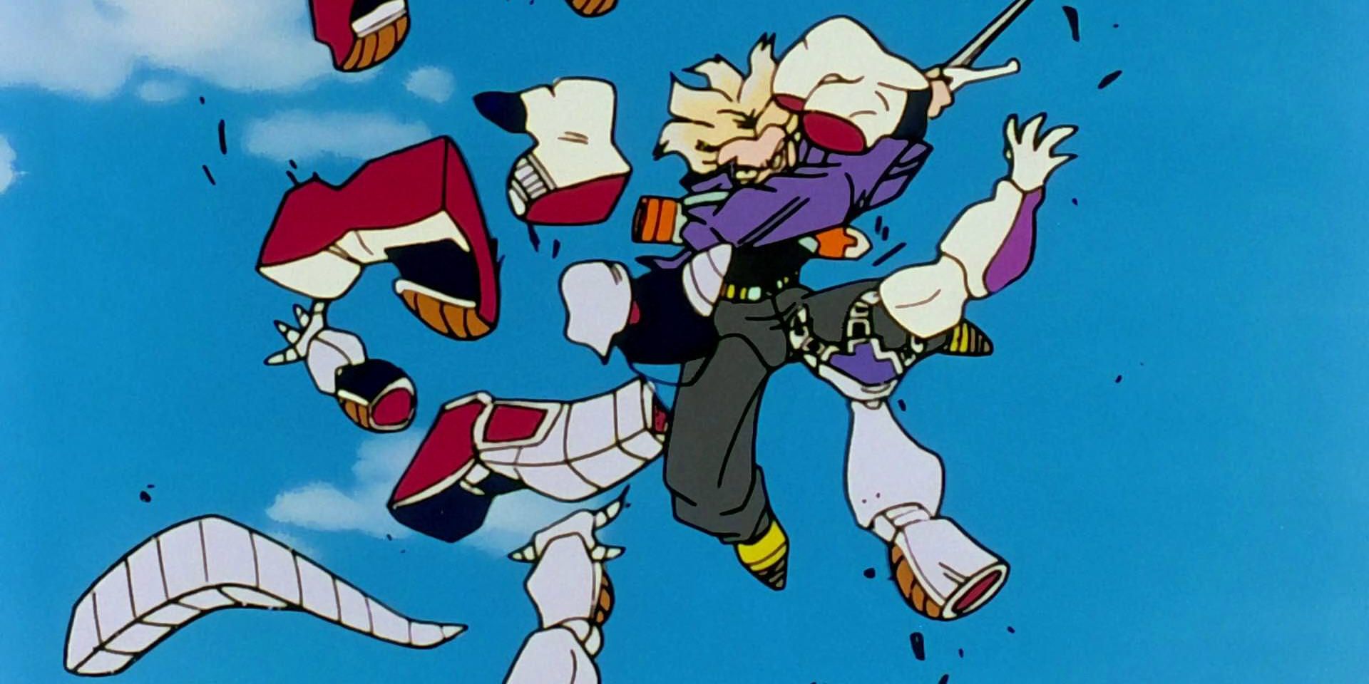 Future Trunks corta Mecha Frieza em vários pedaços em Dragon Ball Z.