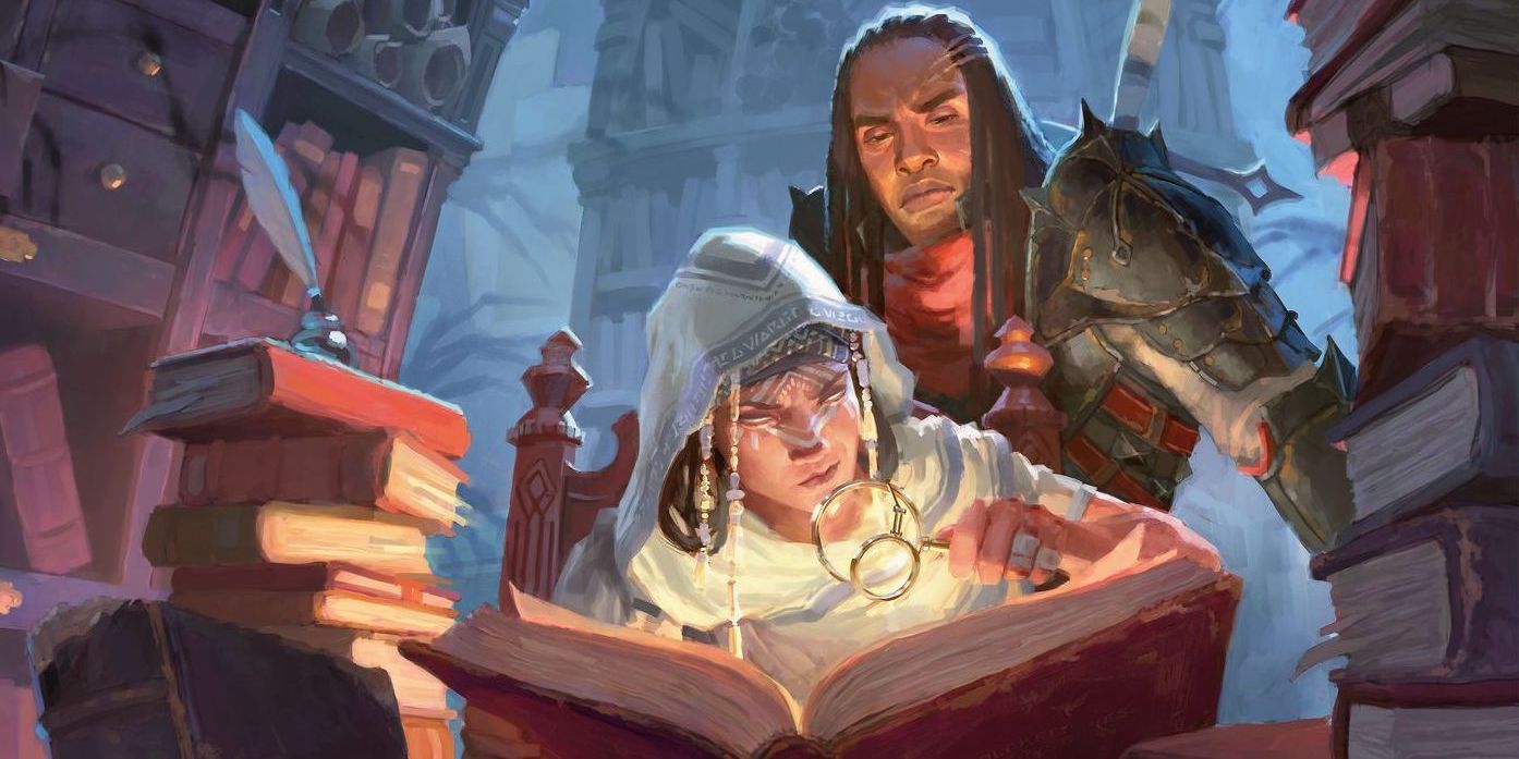 Key art for Candlekeep Mysteries, depicting a mage poring over a tome in the middle of a mysterious library