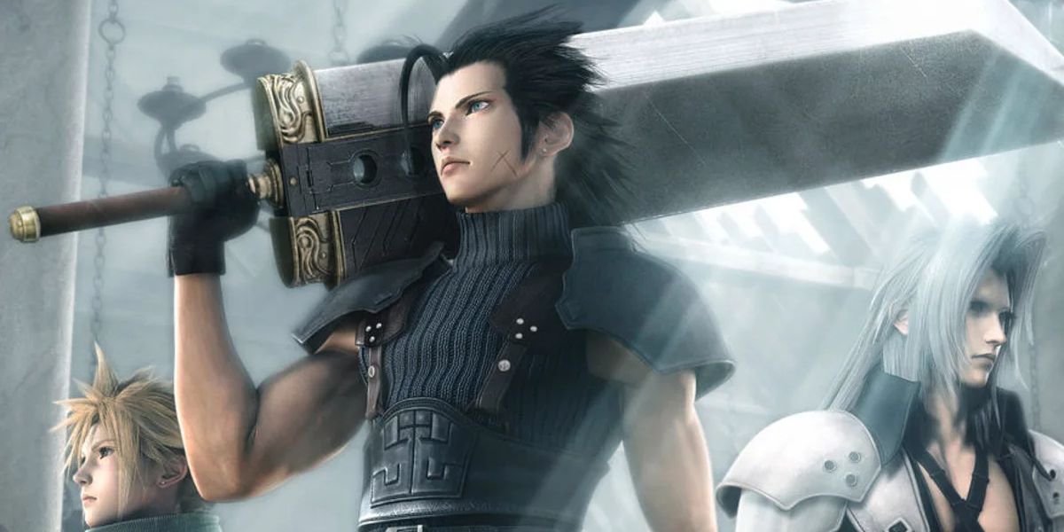 Final Fantasy VII Crisis Core Zack Is Holding The Iconic Buster Sword With Cloud And Sephiroth Beside Him