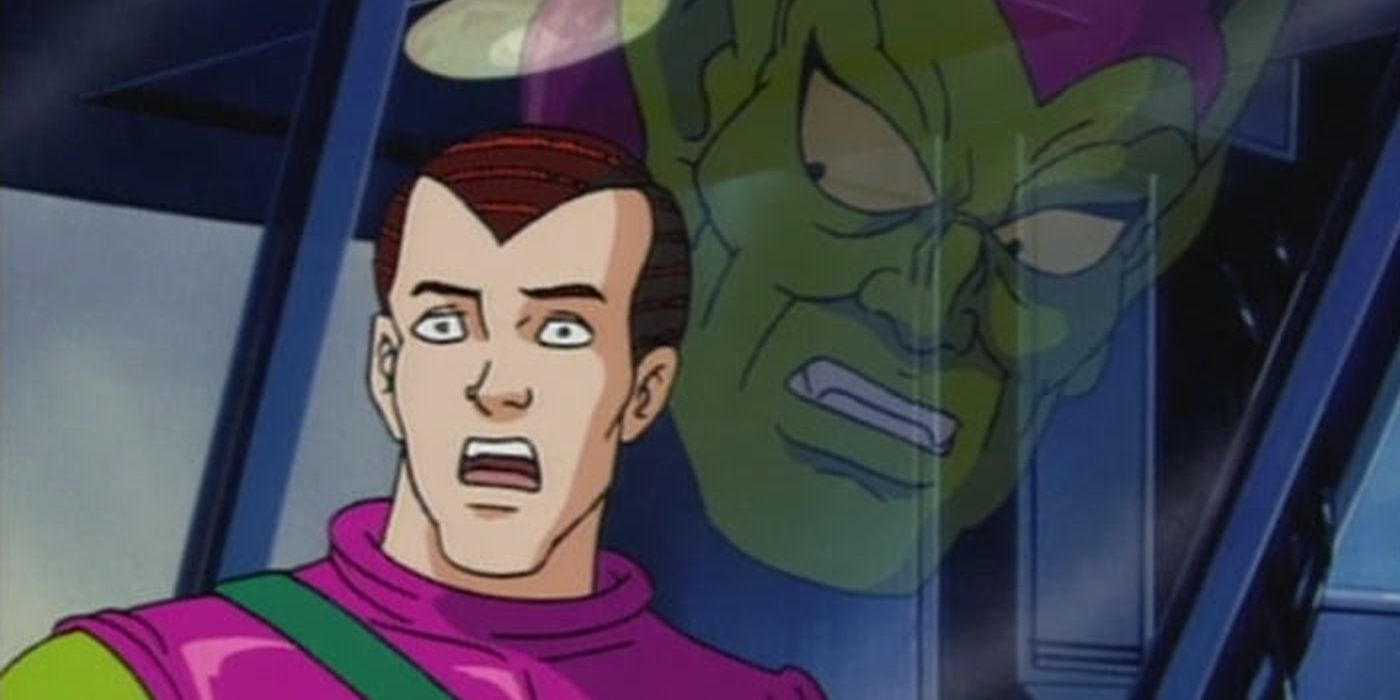 An image of Harry Osborn hearing the Green Goblin's voice in Spider-Man: The Animated Series