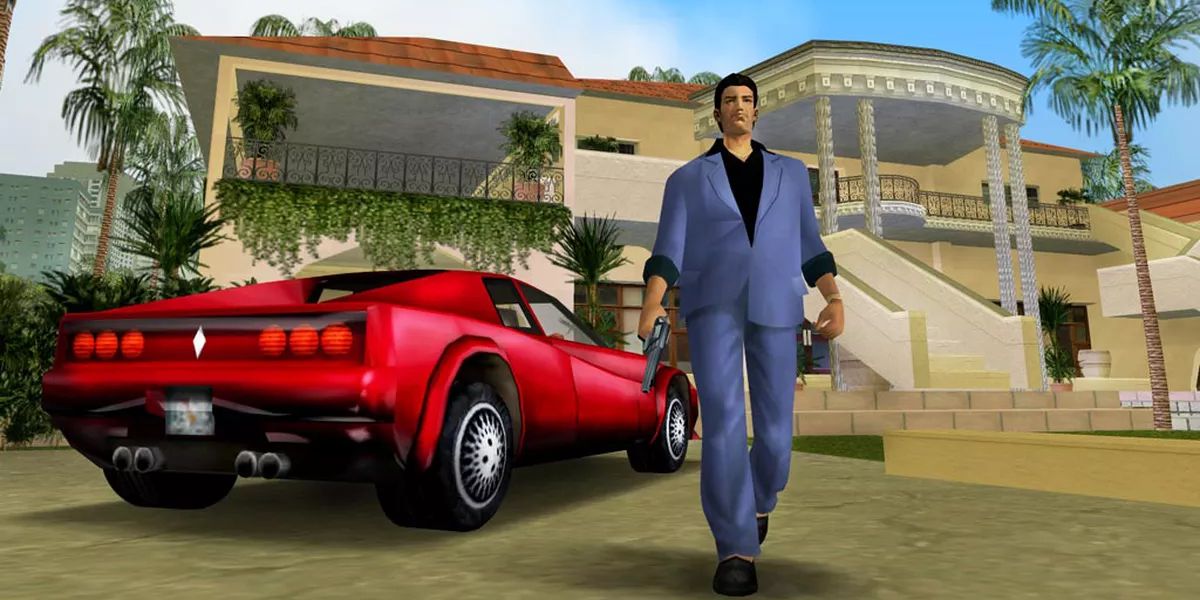 Main character of GTA Vice City walking away from a red car