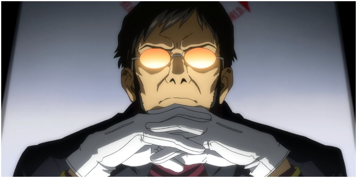 Gendo Ikari planning his next move in Neon Genesis Evangelion.