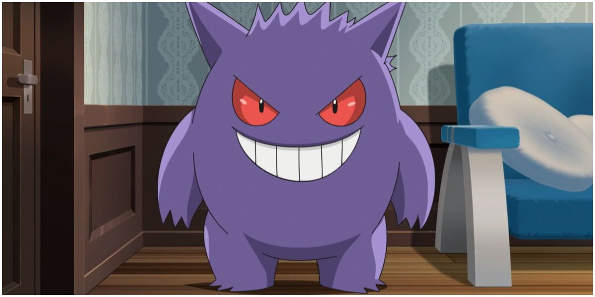 Gengar grinning menacingly in the Pokemon anime